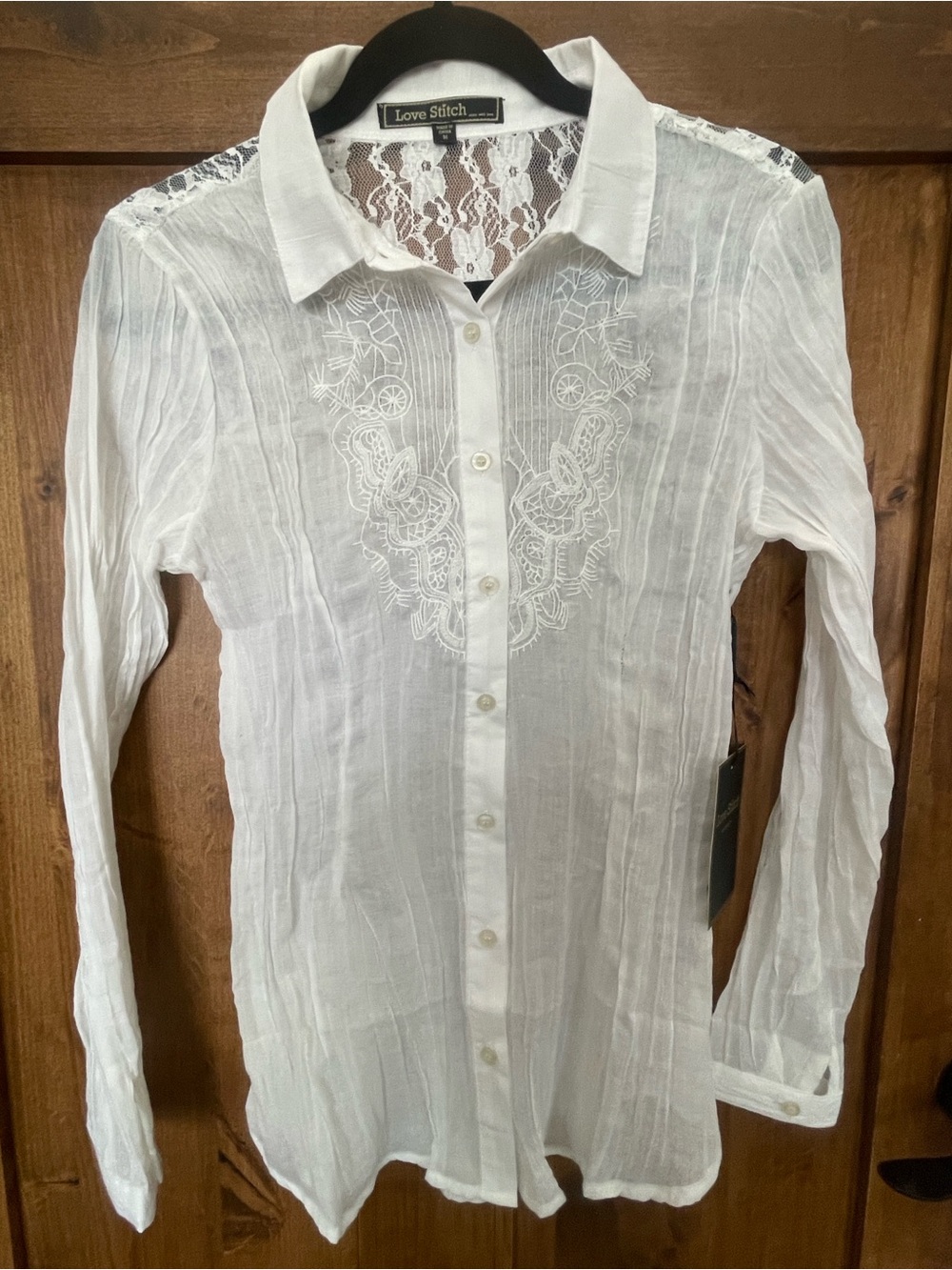 Love Stitch White Lace-Back Embroidered Button-Up Blouse